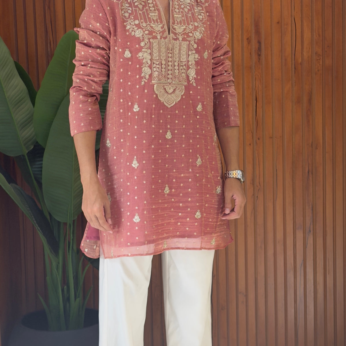 Pure tissue V neck kurta - Hover Image