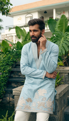 Ice Blue Floral Border Kurta