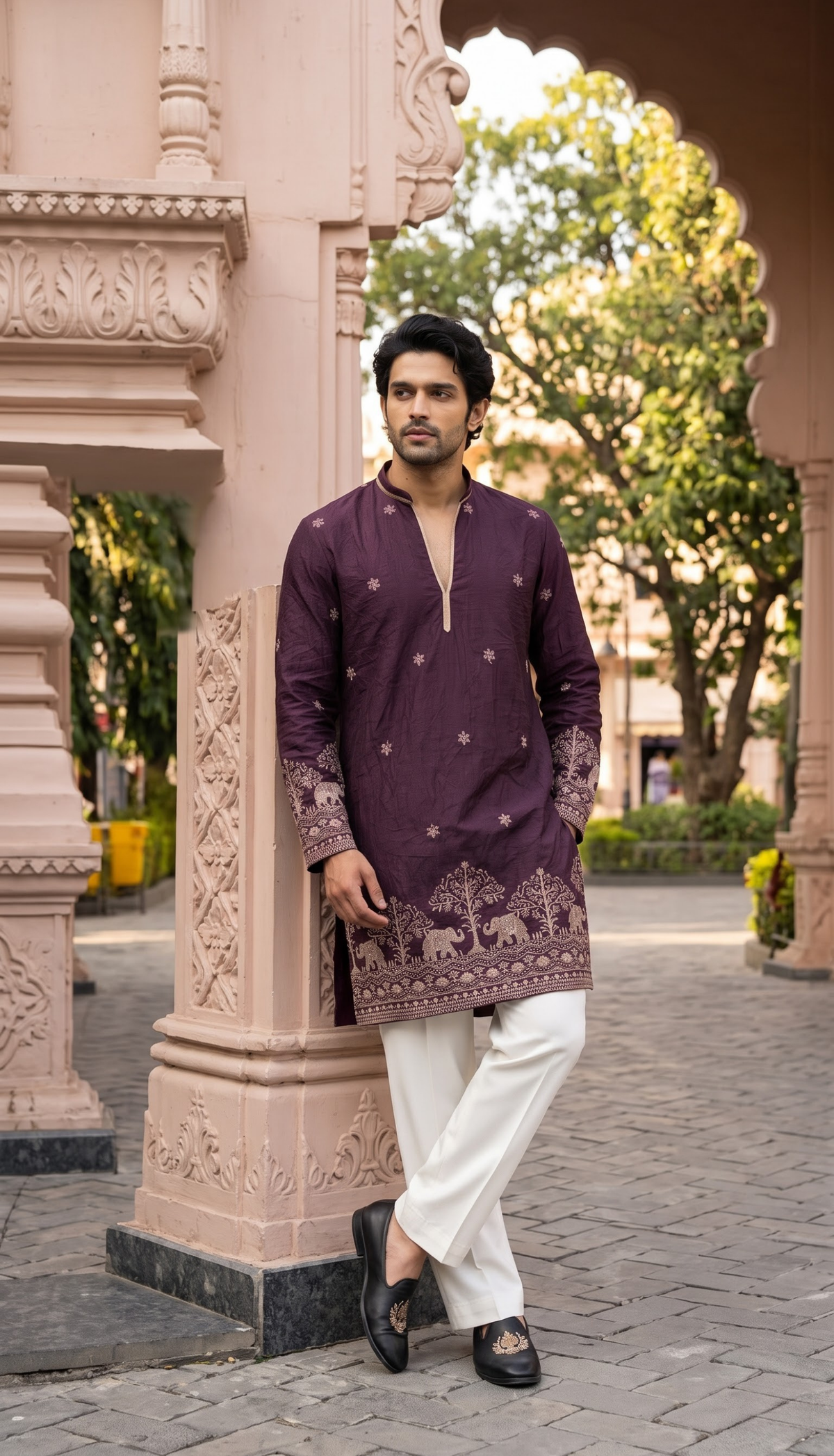Plum Elephant Motif Kurta