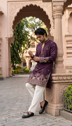 Plum Elephant Motif Kurta