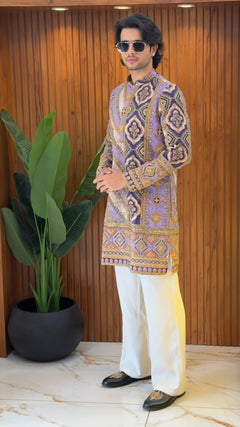 Royal Lavender Heritage Embroidered Designer Kurta Set