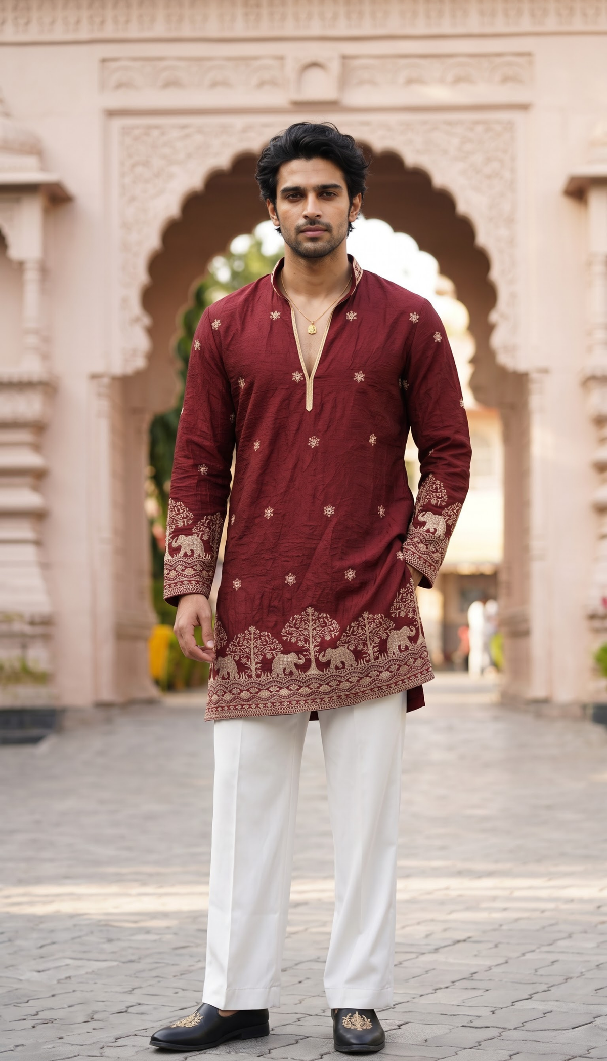 Maroon Elephant Motif Kurta