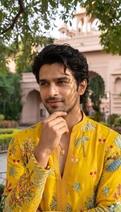 Mustard Multicolour Floral Embroidered Kurta