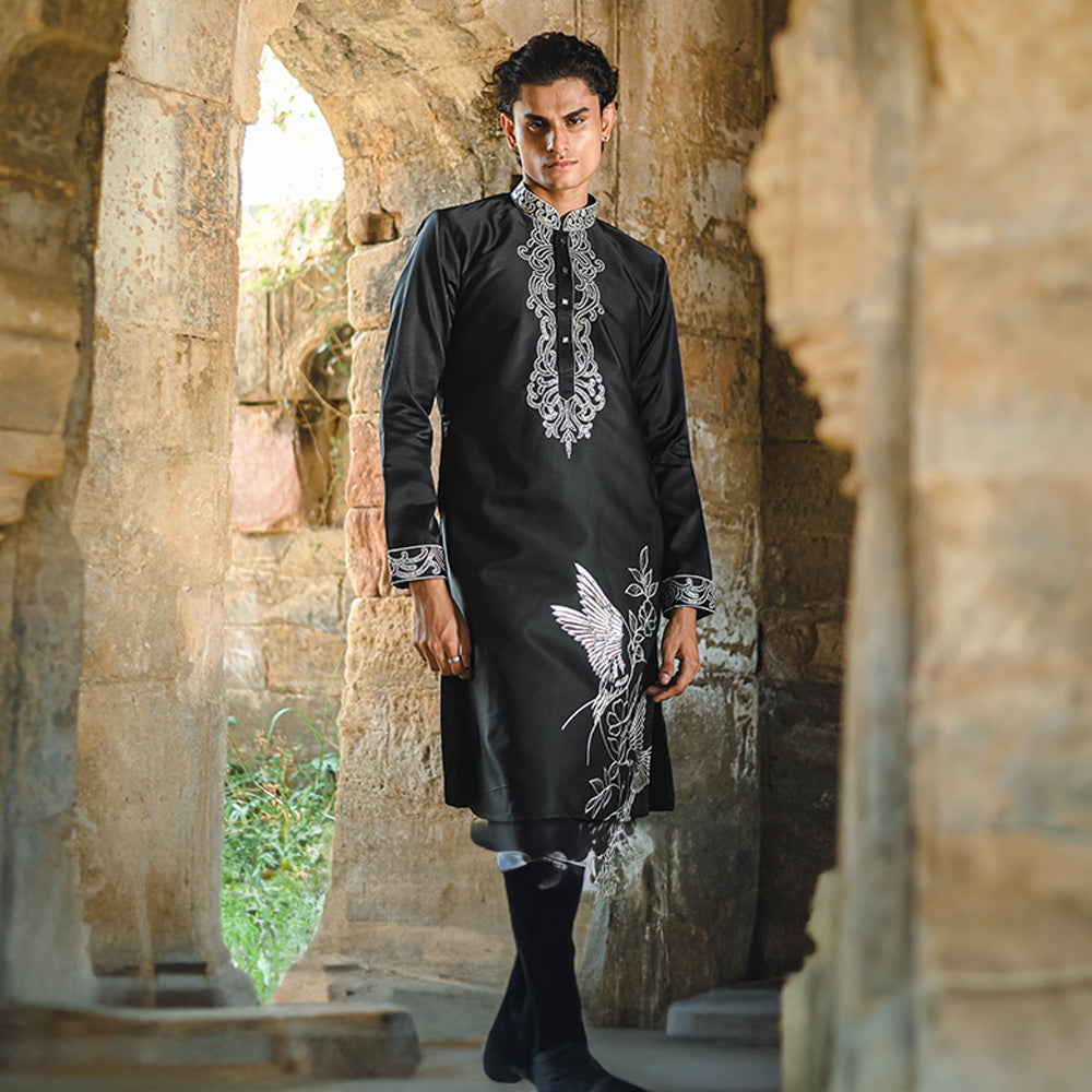 Noir Crane Embroidered Kurta