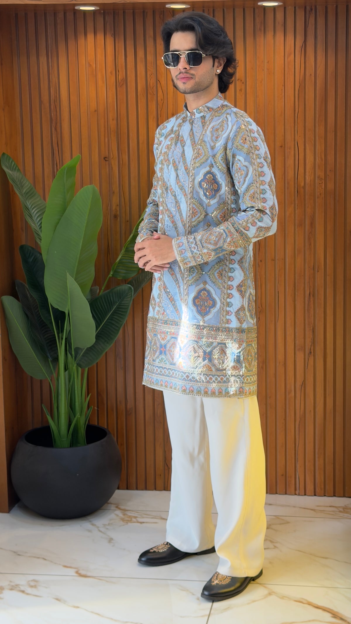Powder Blue Heritage Embroidered Designer Kurta Set