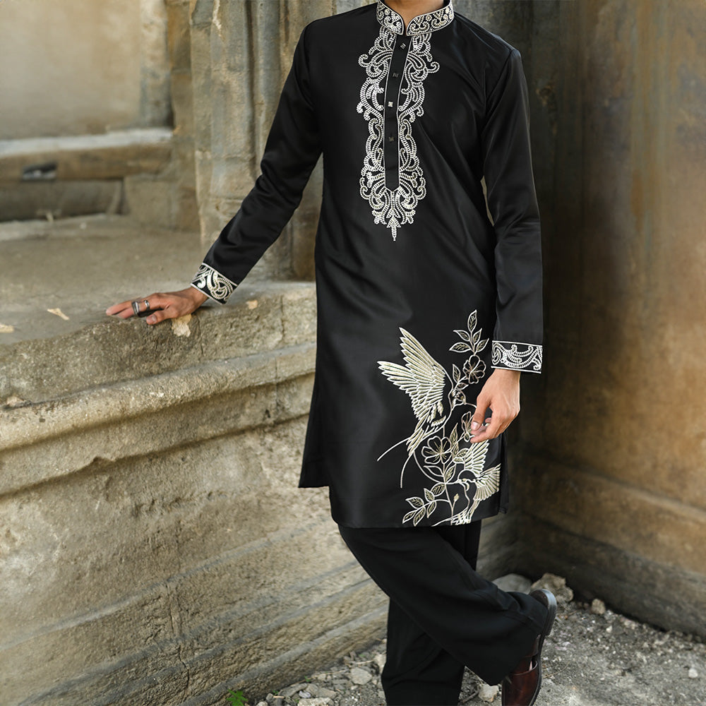 Noir Crane Embroidered Kurta