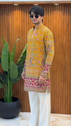Mustard Peacock Embroidered Designer Kurta Set