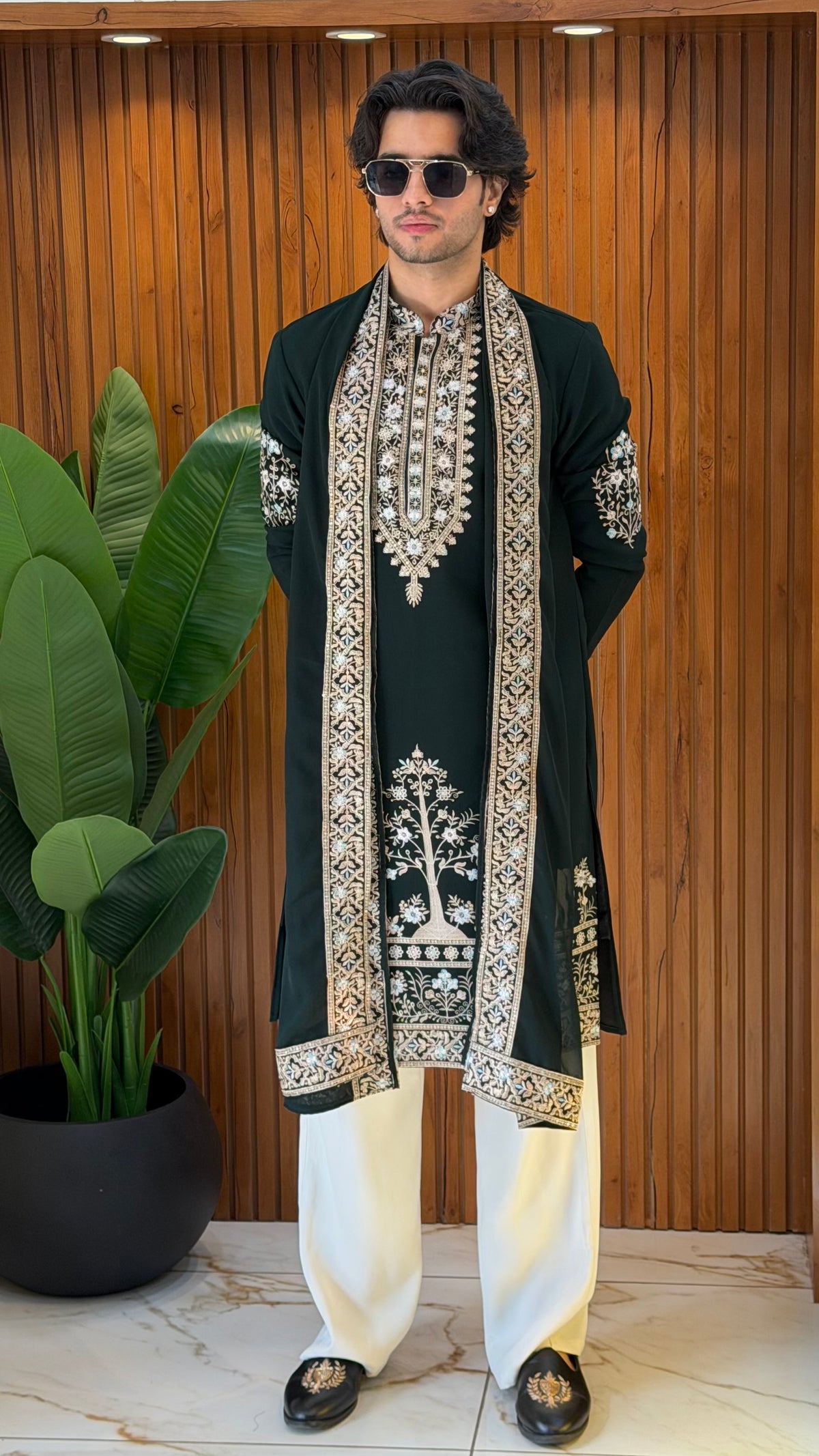 Bottle Green Embroidered Kurta with Shawl