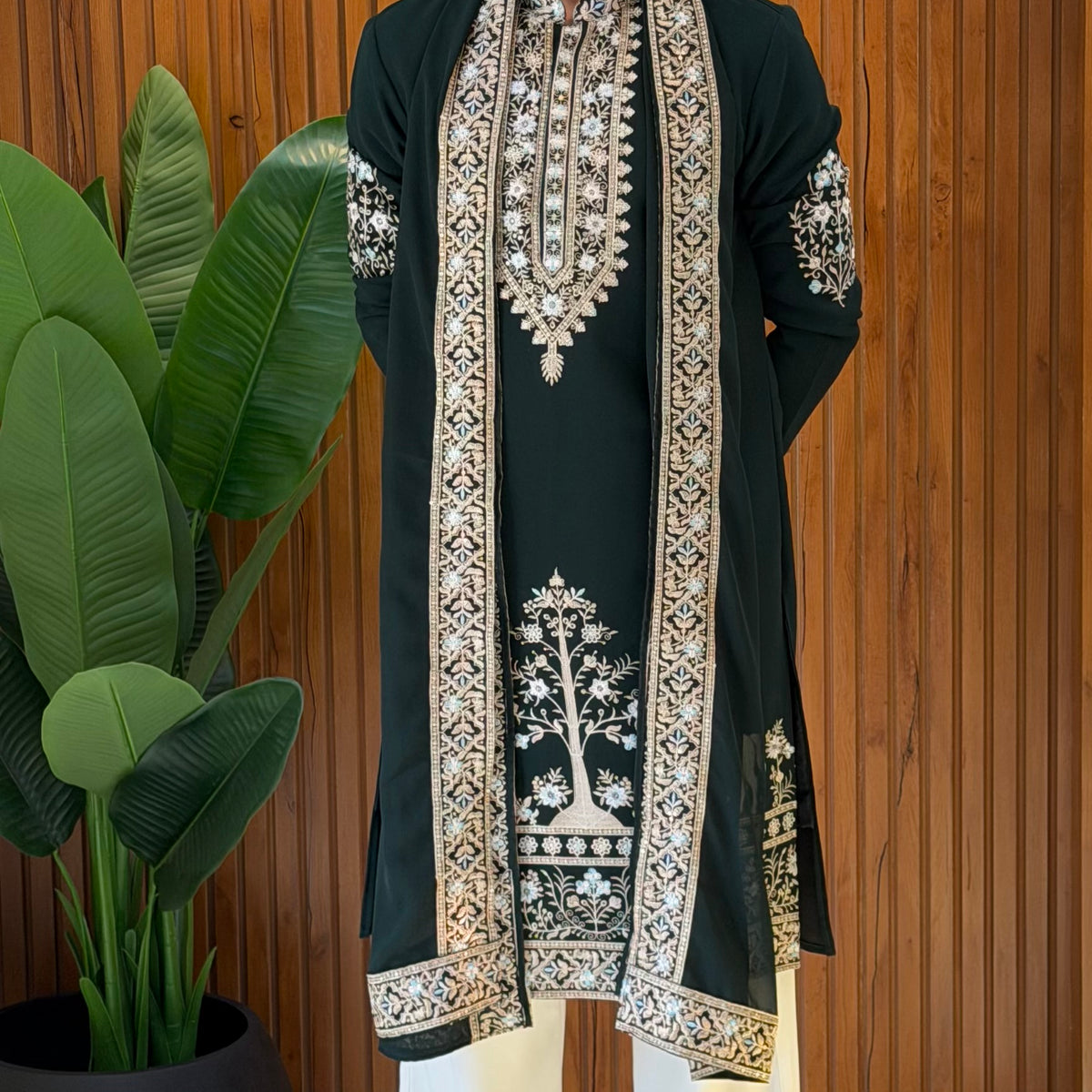 Bottle Green Embroidered Kurta with Shawl