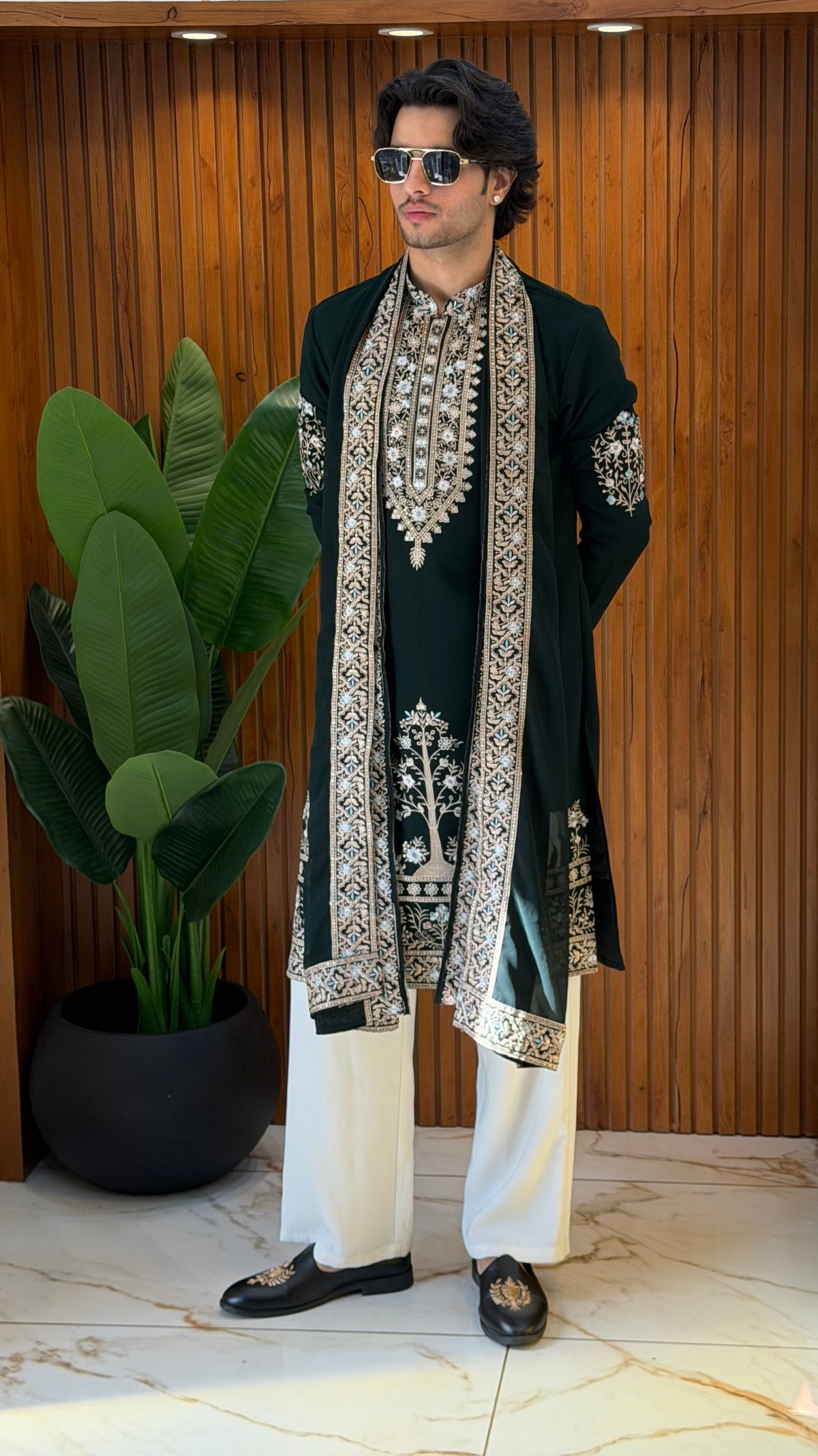 Bottle Green Embroidered Kurta with Shawl