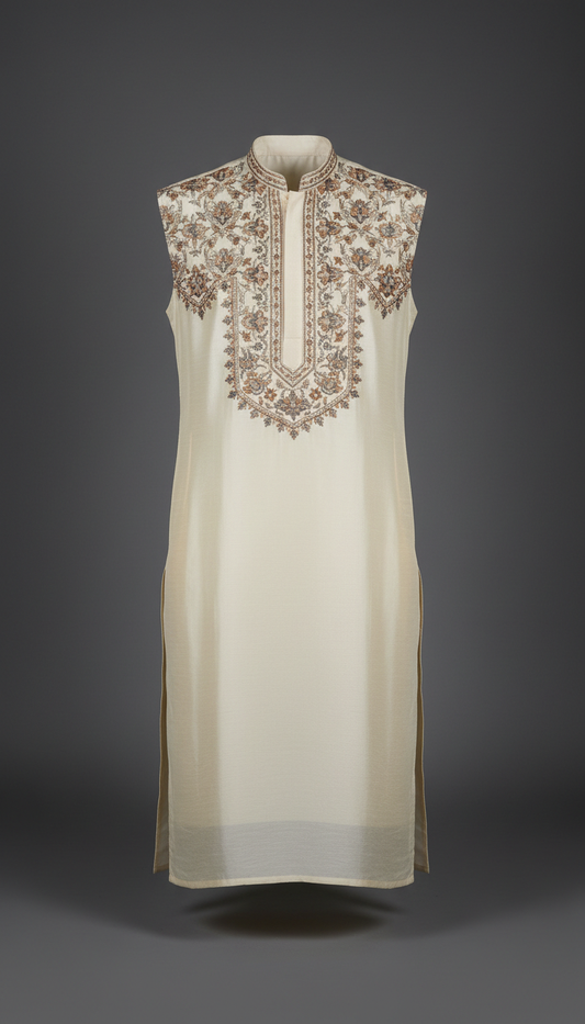 Ivory Silk Hand-Embroidered Kurta