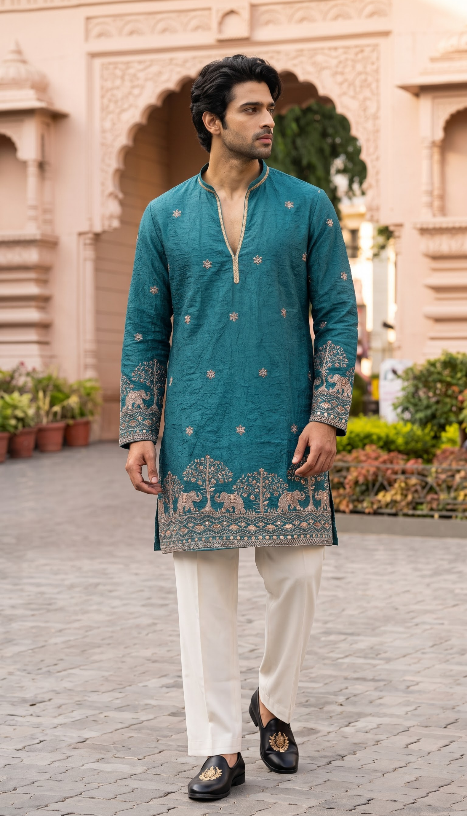 Teal Blue Elephant Motif Kurta