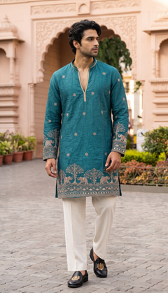 Teal Blue Elephant Motif Kurta