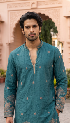 Teal Blue Elephant Motif Kurta