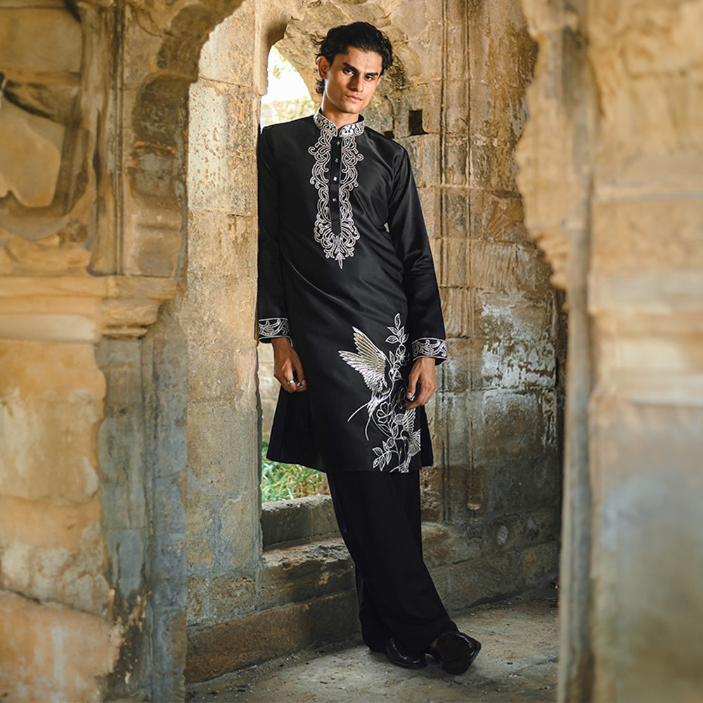 Noir Crane Embroidered Kurta
