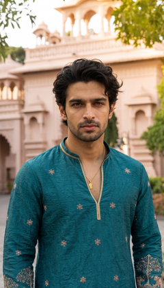 Teal Blue Elephant Motif Kurta