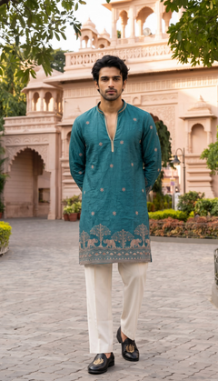 Teal Blue Elephant Motif Kurta