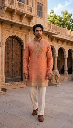 Peach Gold Motif Kurta