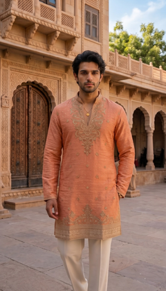 Peach Gold Motif Kurta