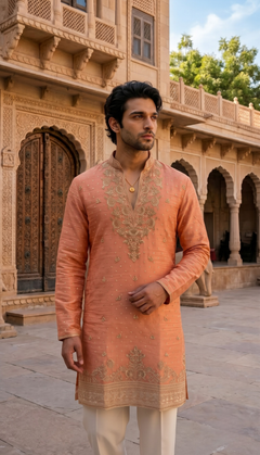 Peach Gold Motif Kurta