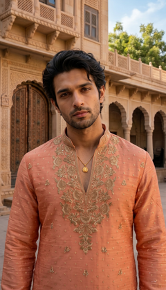 Peach Gold Motif Kurta