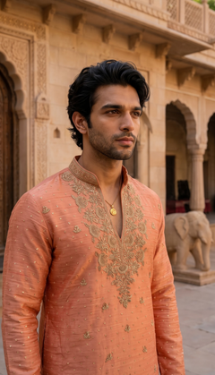 Peach Gold Motif Kurta