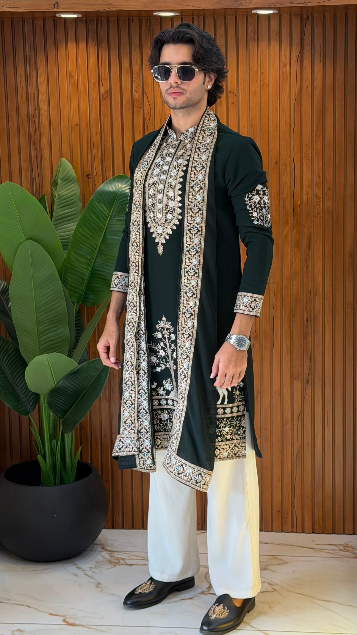 Bottle Green Embroidered Kurta with Shawl