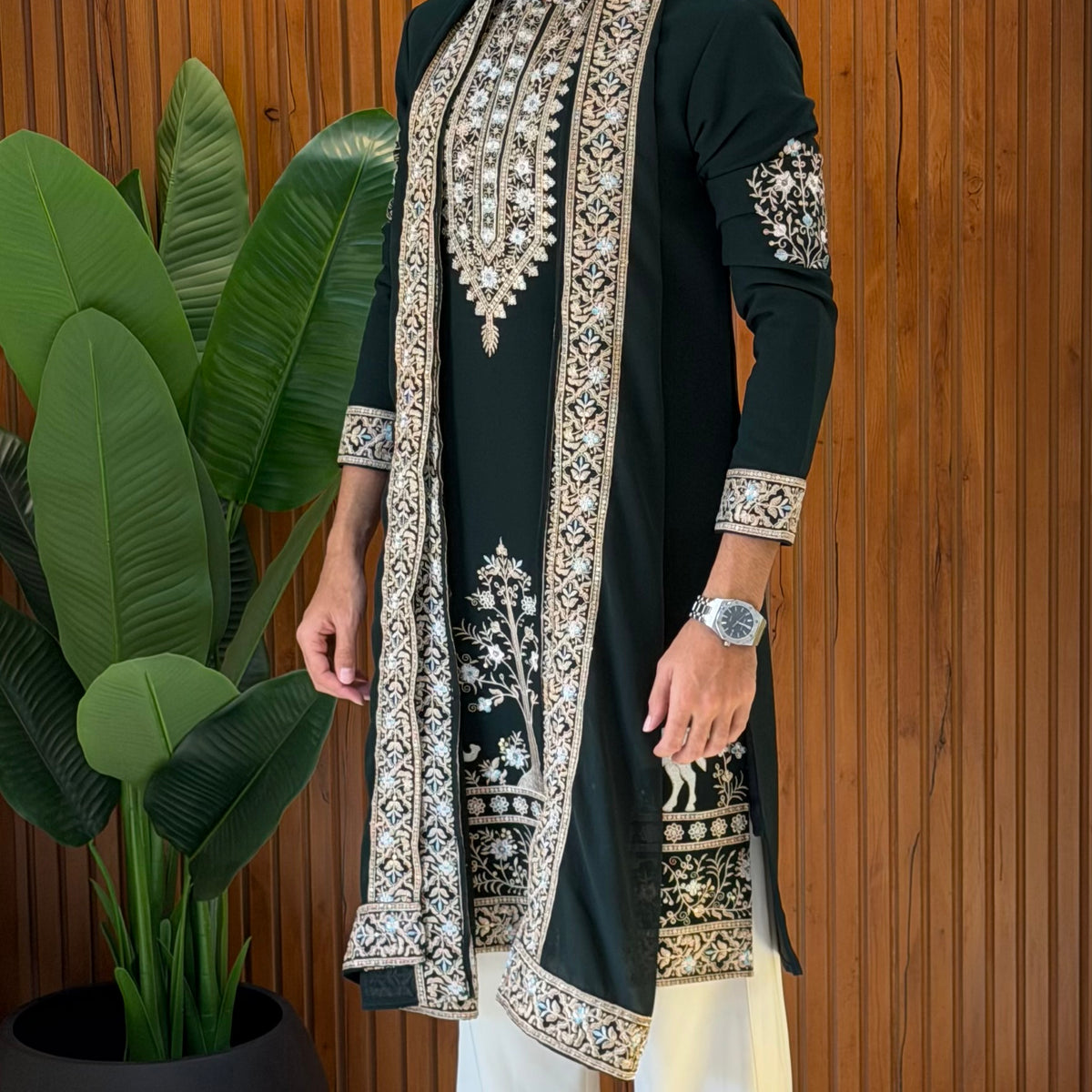 Bottle Green Embroidered Kurta with Shawl - Hover Image