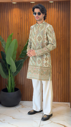 Sage Green Heritage Embroidered Designer Kurta Set