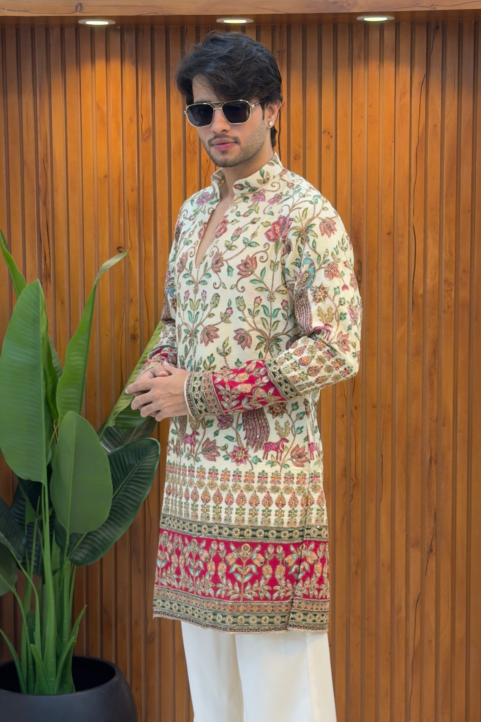 Ivory Peacock Embroidered Designer Kurta Set