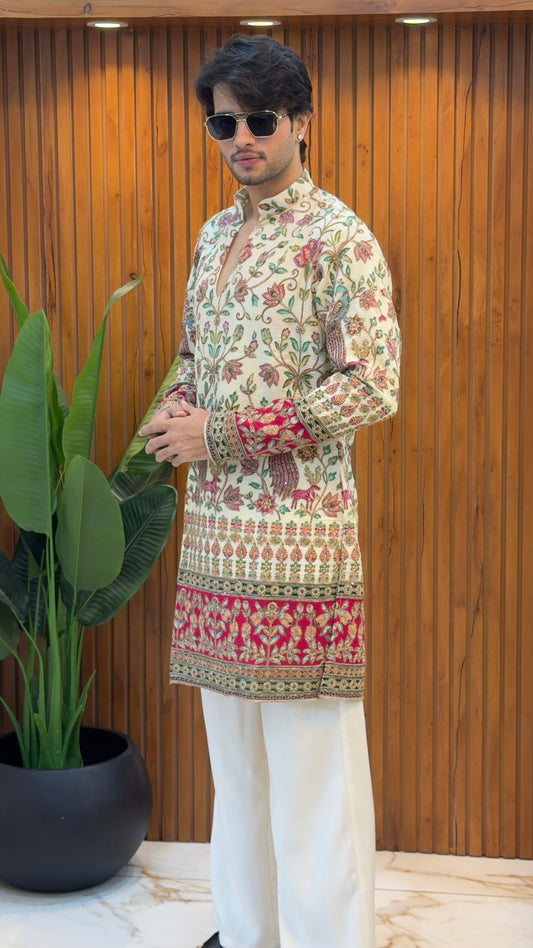 Ivory Peacock Embroidered Designer Kurta Set