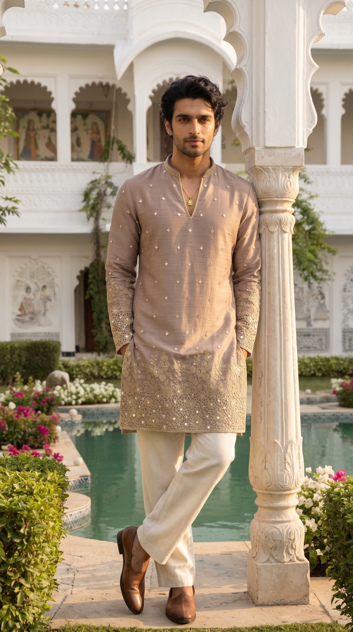 Mushroom Beige Embroidered Kurta