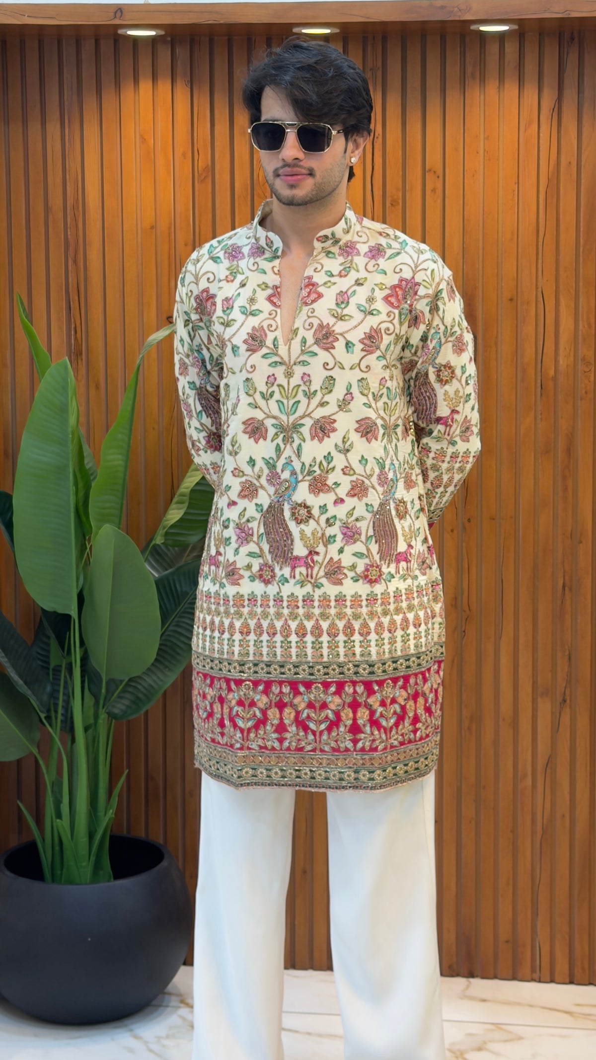 Ivory Peacock Embroidered Designer Kurta Set