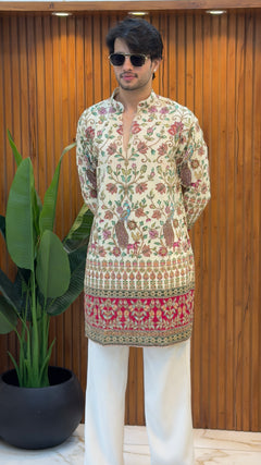 Ivory Peacock Embroidered Designer Kurta Set