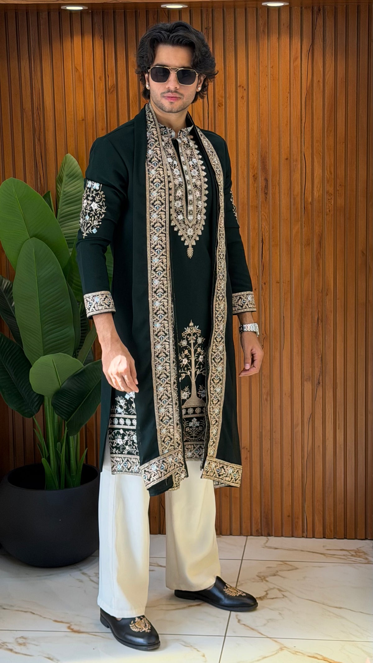Bottle Green Embroidered Kurta with Shawl