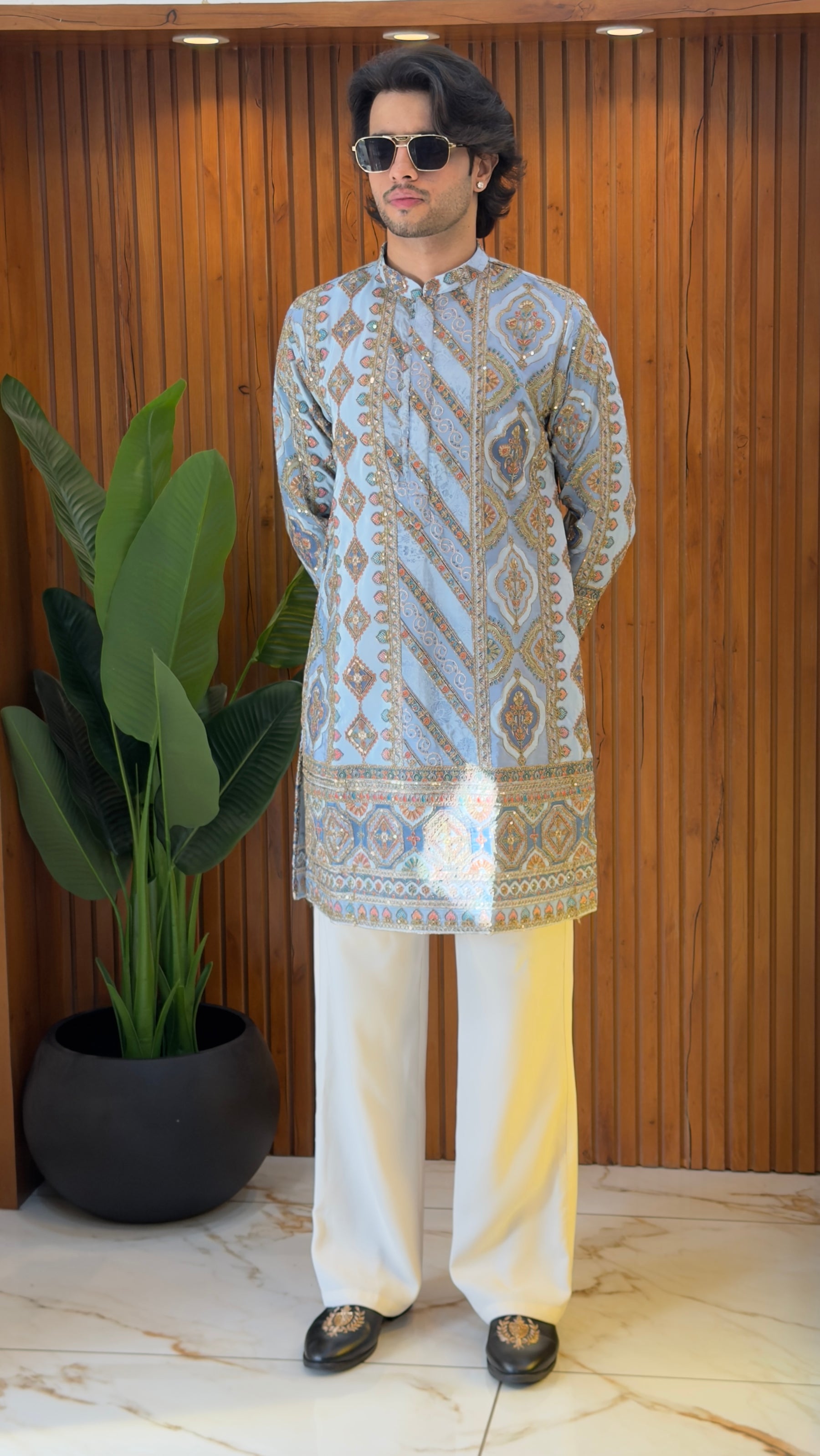 Powder Blue Heritage Embroidered Designer Kurta Set