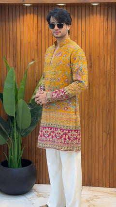 Mustard Peacock Embroidered Designer Kurta Set