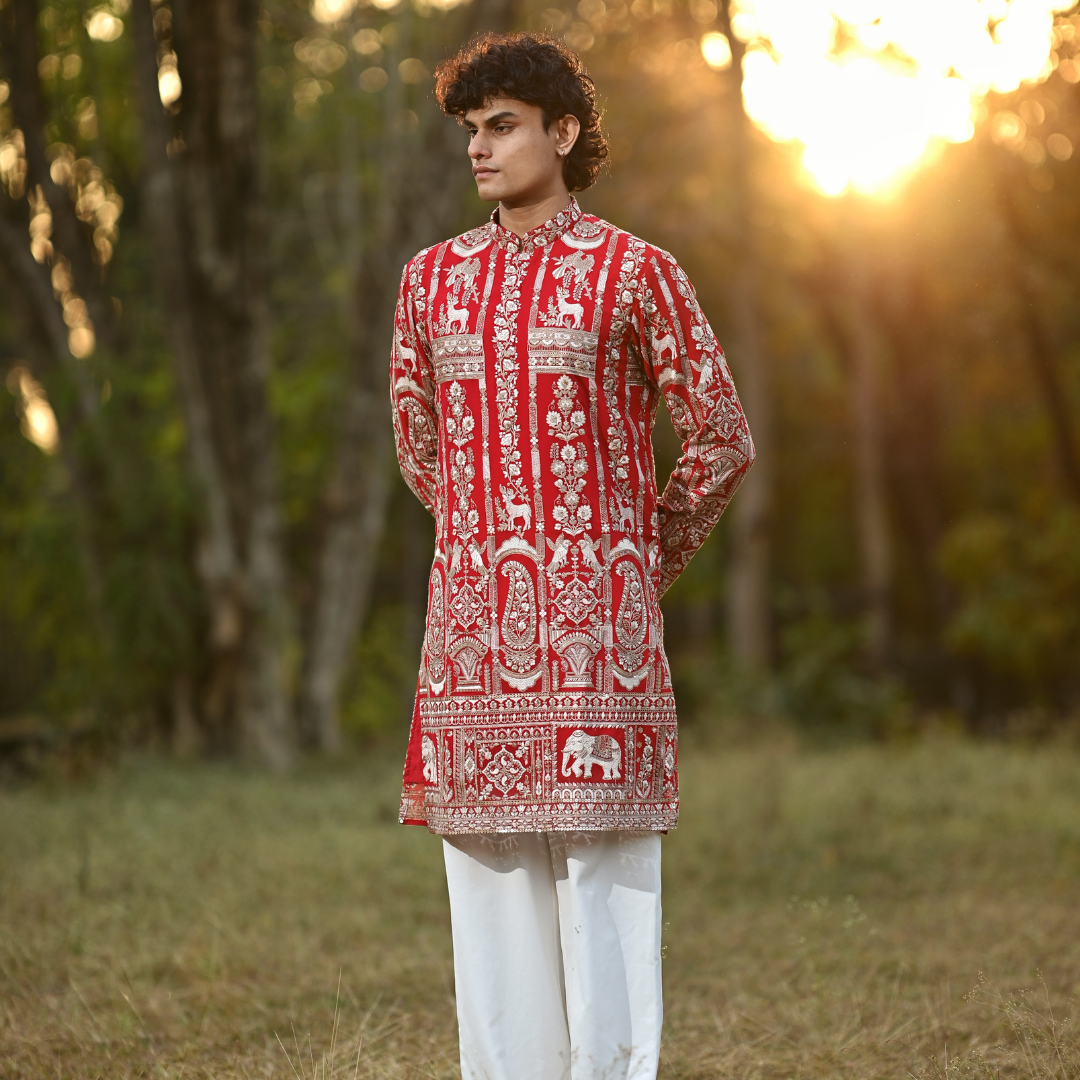 Crimson Legacy Embroidered Kurta - Hover Image
