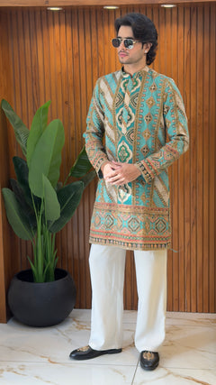 Turquoise Heritage Embroidered Designer Kurta Set