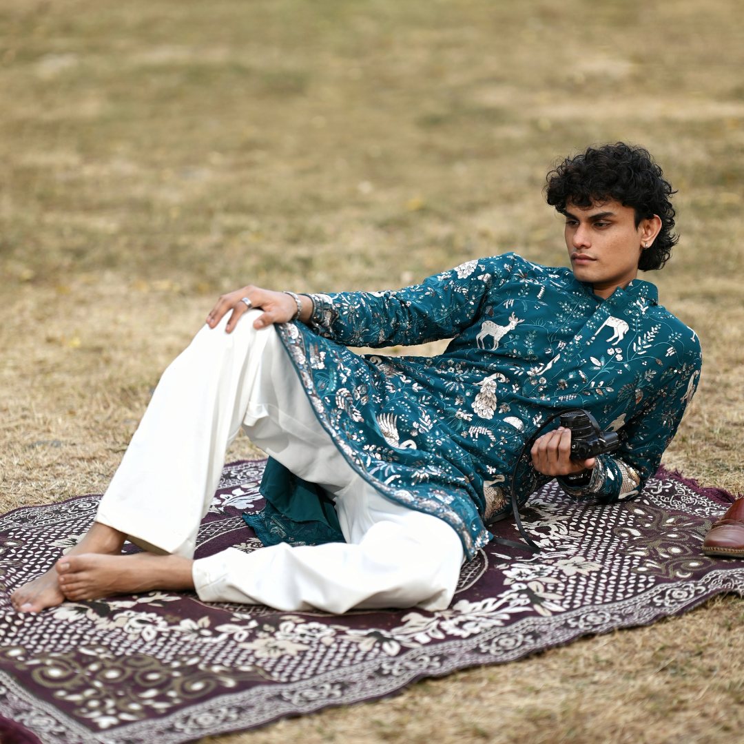 Enchanted Garden Teal Kurta - Hover Image