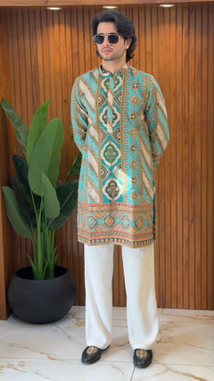 Turquoise Heritage Embroidered Designer Kurta Set
