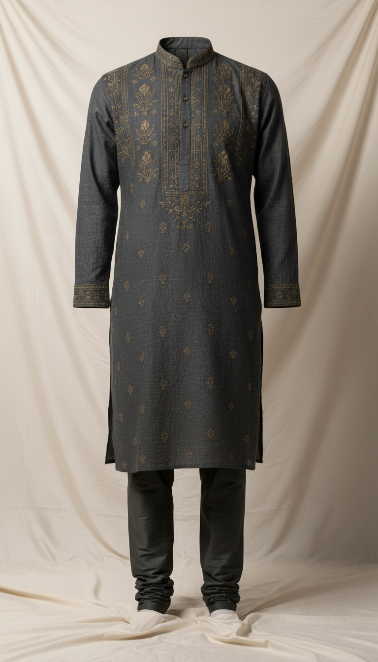 Charcoal Cotton Kurta Set With Olive Umber Detailing