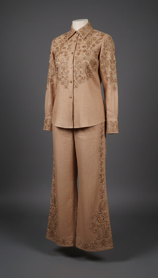 Sandalwood Linen Co-ord Set With Antique Gold Embroidery